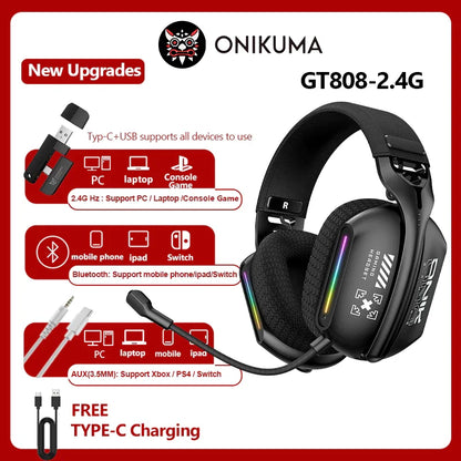 ONIKUMA GT808 Wireless Gaming Headset – Triple Mode, RGB & Pro Gaming Sound 🎮